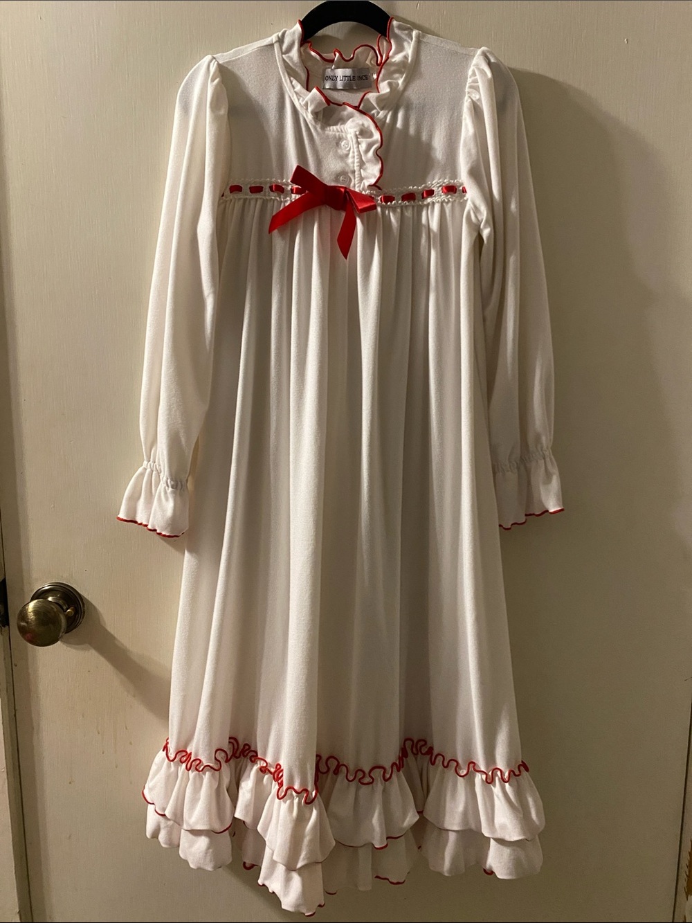 Only Little Once Long Sleeve White Nightgown with Red Ribbon Trim